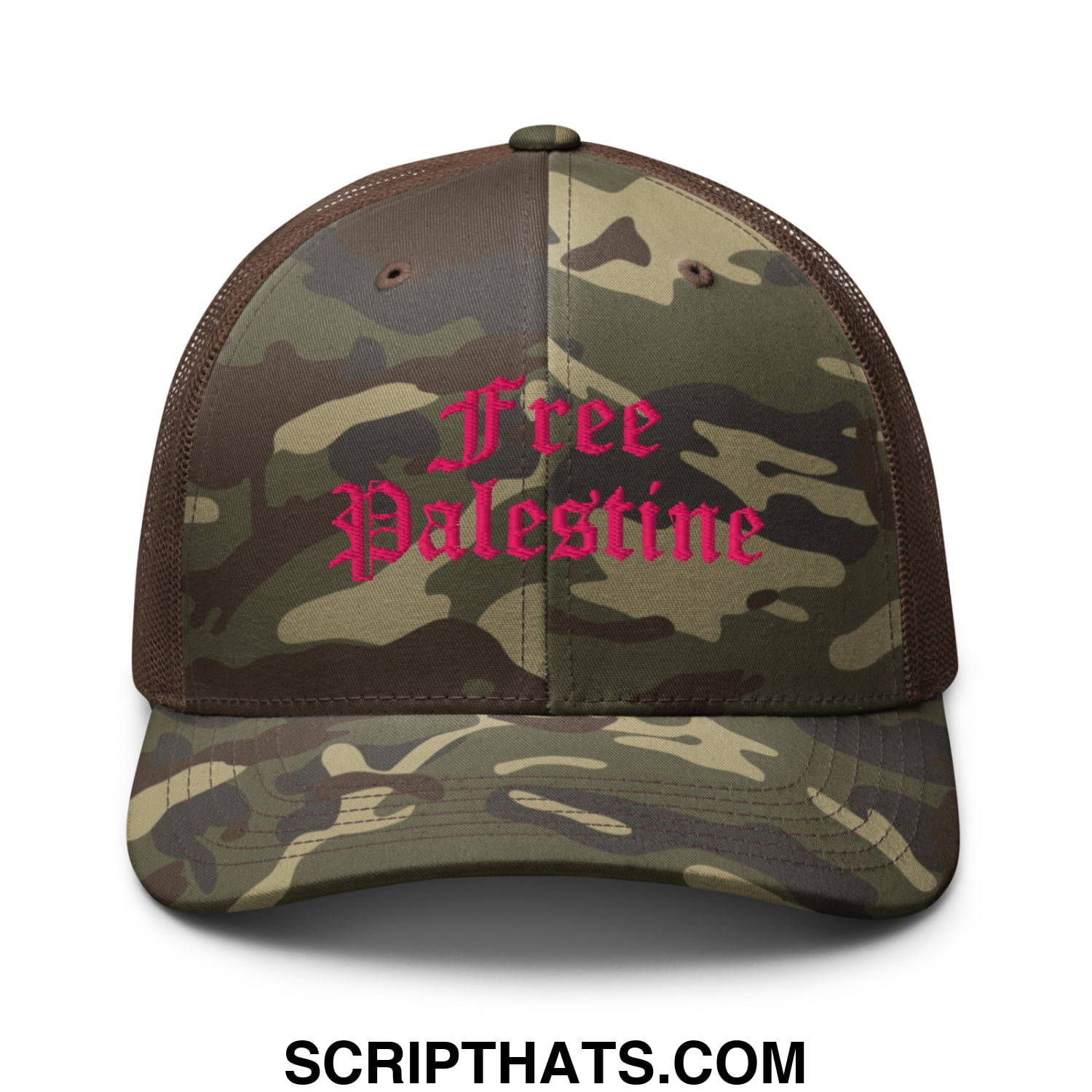 A camouflage trucker hat with brown mesh back and brim embroidered with free palestine in pink gothic script
