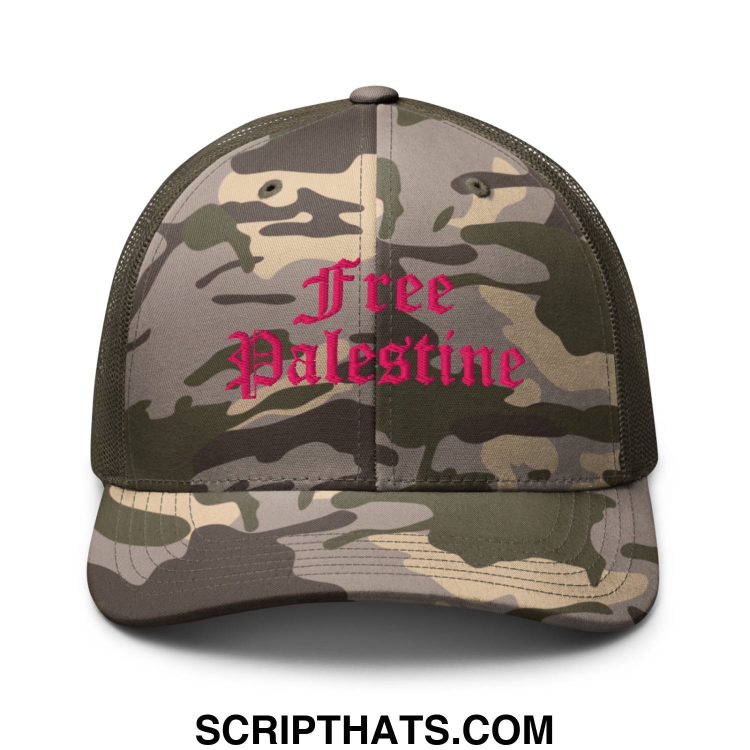 A camouflage trucker hat with a mesh back and pink embroidered free palestine text in ornate script font