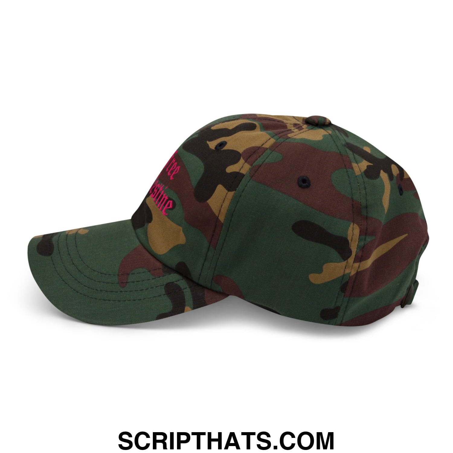 A free palestine unstructured dad hat with pink embroidered text on a green brown and black camo baseball cap
