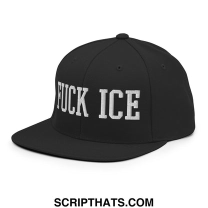 Black snapback hat with white embroidered fuck ice text in bold block font featuring a flat bill brim