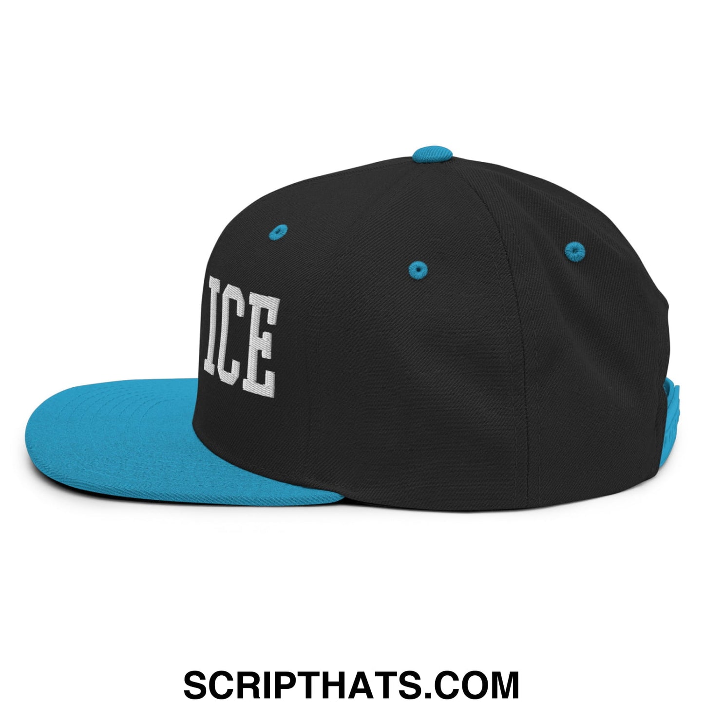 Black and teal snapback cap with white embroidered lettering featuring a flat bill brim and fuck ICE design