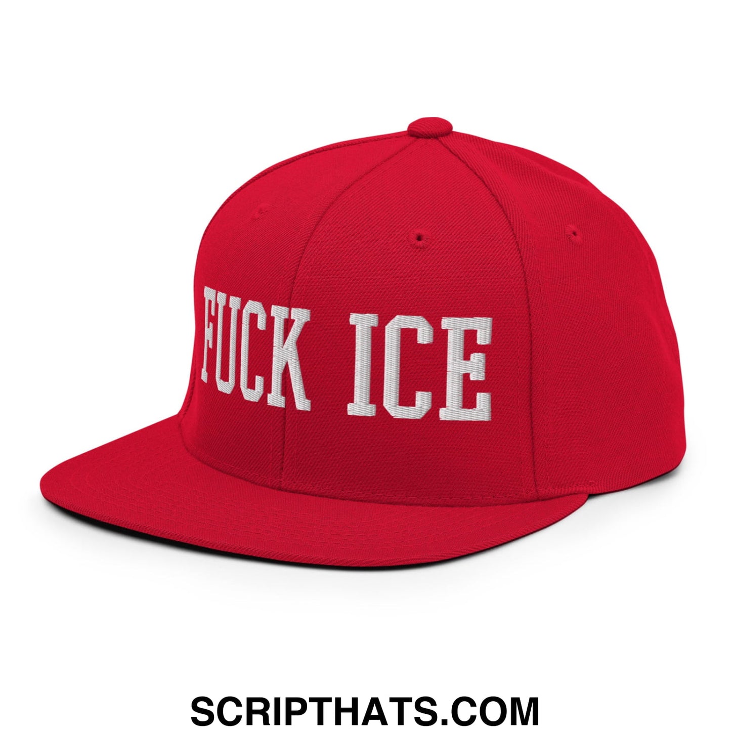 Red snapback hat with white embroidered fuck ice text and flat bill brim for casual streetwear style