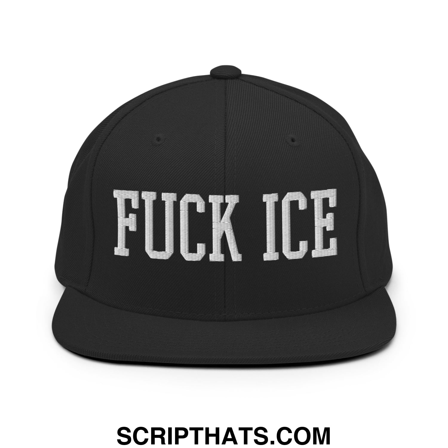 Black snapback cap with white embroidered fuck ice text in bold blocky font flat bill brim hat