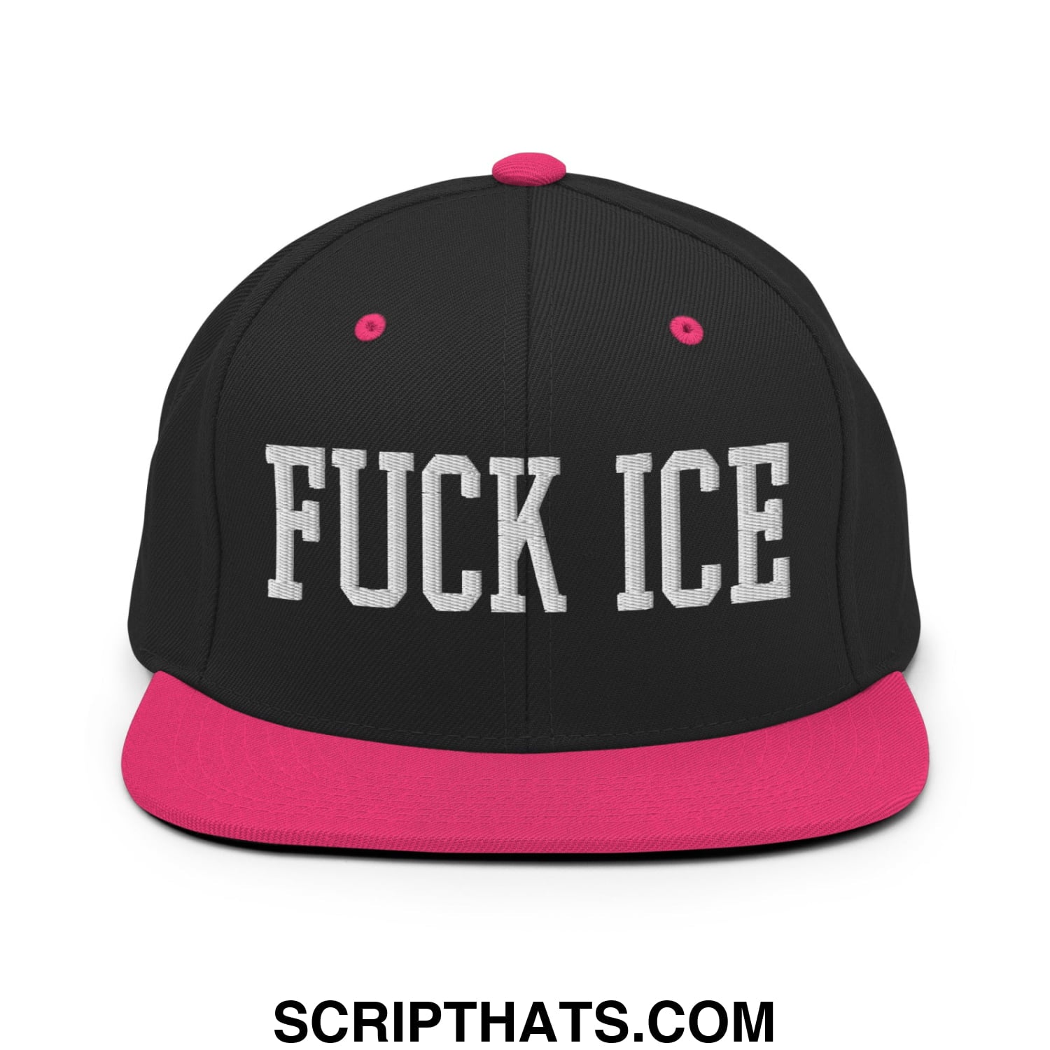 Black snapback hat with pink brim and button featuring bold white embroidered text fuck ice flat bill design