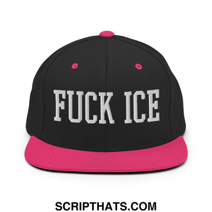 Black snapback hat with pink brim and button featuring bold white embroidered text fuck ice flat bill design