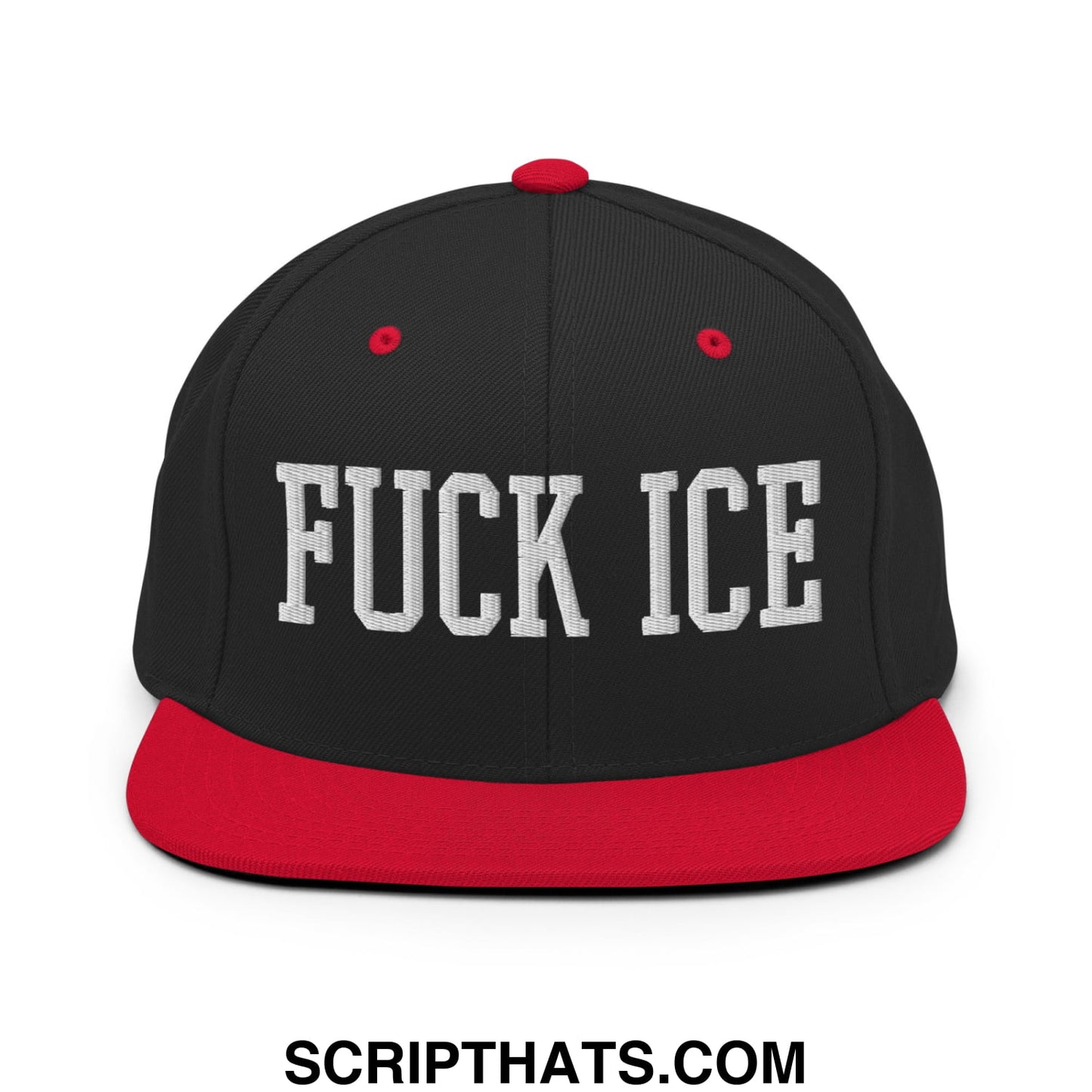 Black and red snapback hat with white embroidered fuck ice text and flat bill brim for casual wear