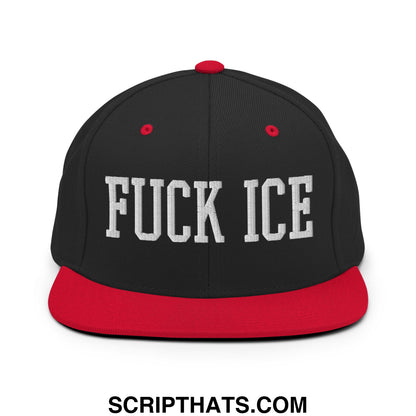 Black and red snapback hat with white embroidered fuck ice text and flat bill brim for casual wear