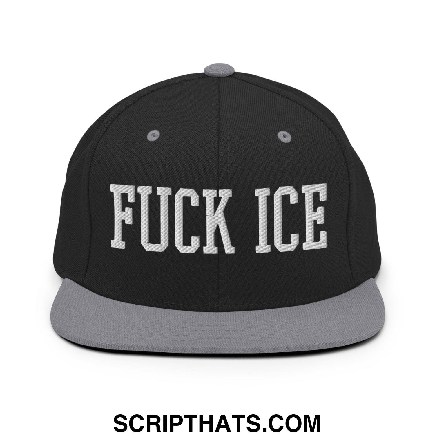 Black snapback hat with gray brim and white embroidered fuck ice text in bold collegiate font flat bill design