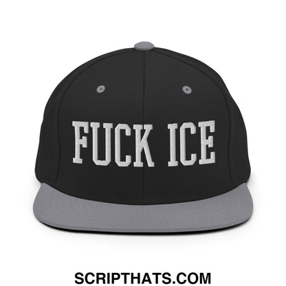 Black snapback hat with gray brim and white embroidered fuck ice text in bold collegiate font flat bill design