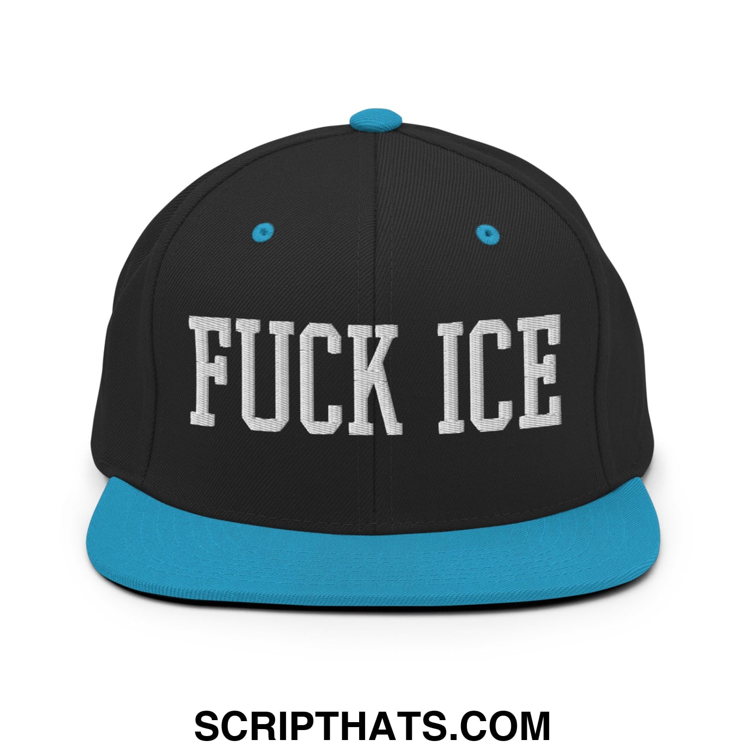 Black snapback hat with teal flat bill and white embroidered bold fuck ice text on front panel