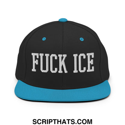 Black snapback hat with teal flat bill and white embroidered bold fuck ice text on front panel