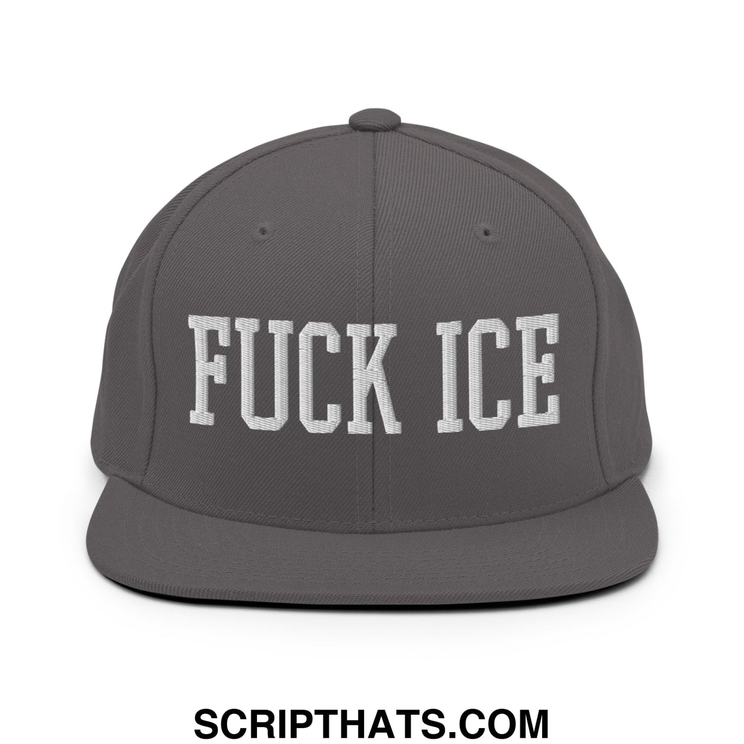 Gray snapback hat with flat bill and white embroidered bold block font text fuck ice on the front