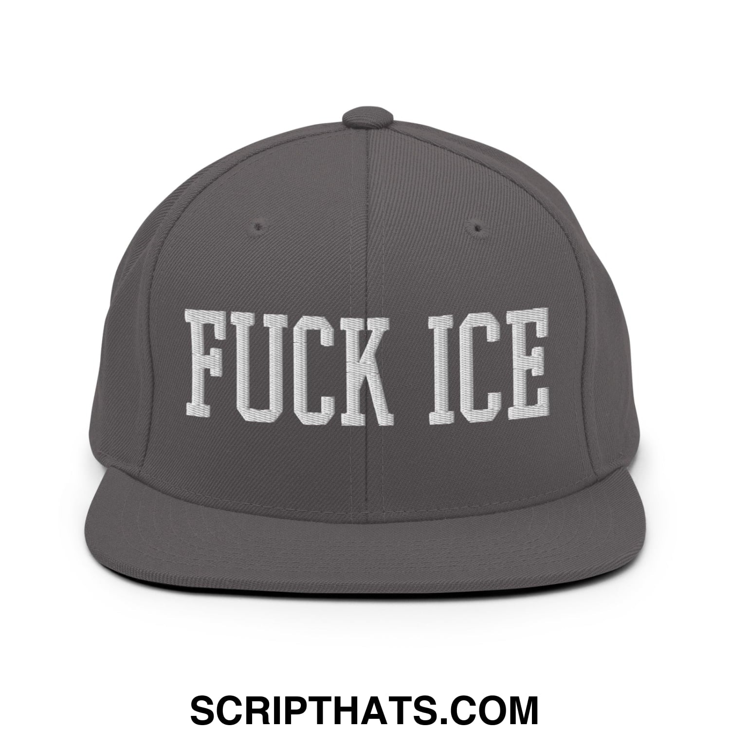 Gray snapback hat with flat bill and white embroidered bold block font text fuck ice on the front