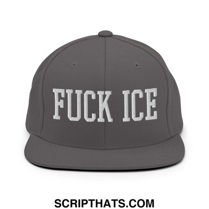 Gray snapback hat with flat bill and white embroidered bold block font text fuck ice on the front