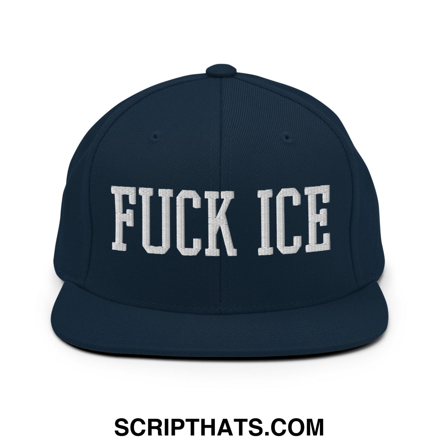 Navy blue snapback hat with white embroidered fuck ice text in bold block font and flat bill brim design