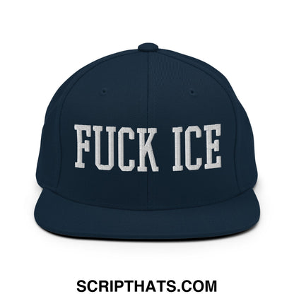 Navy blue snapback hat with white embroidered fuck ice text in bold block font and flat bill brim design