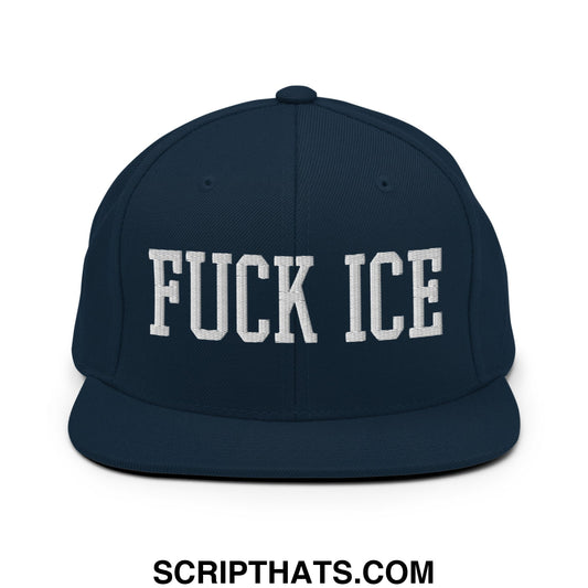 Navy blue snapback hat with white embroidered fuck ice text in bold block font and flat bill brim design