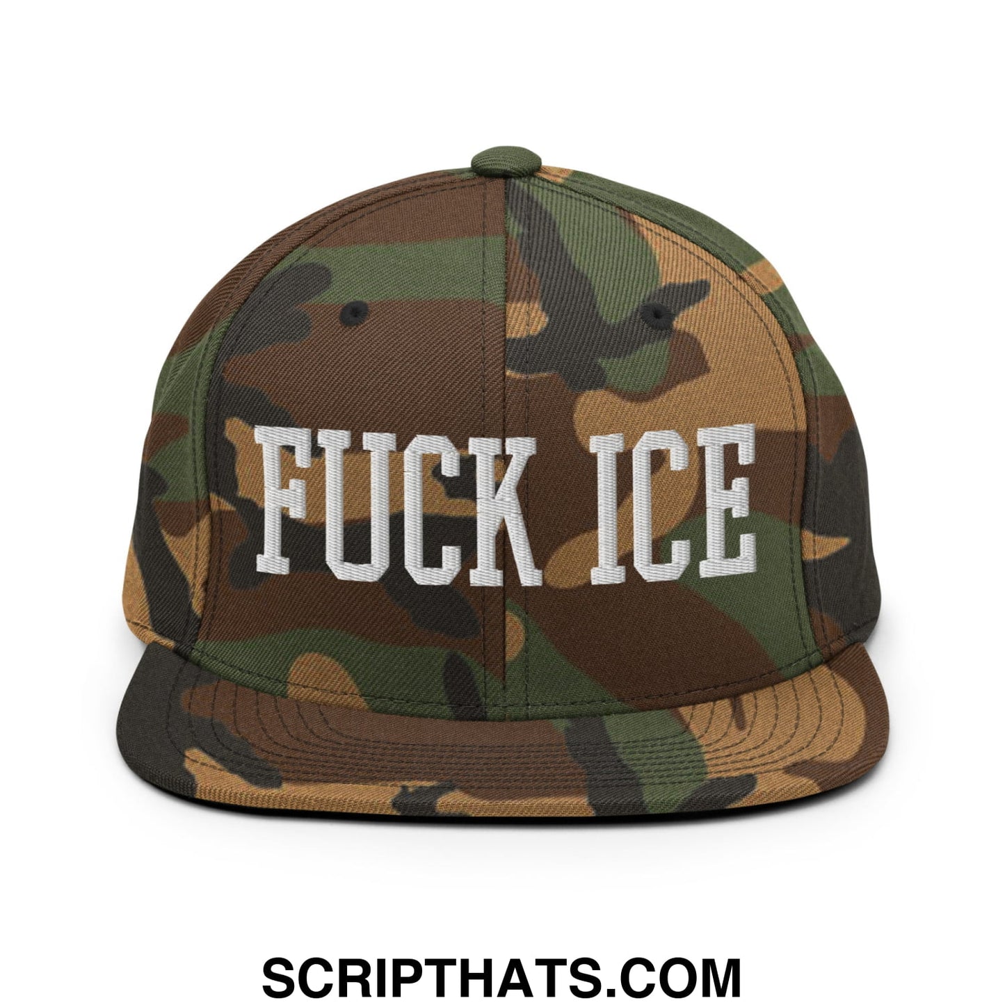 Camouflage pattern snapback cap with white embroidered fuck ice text and flat bill brim for casual wear