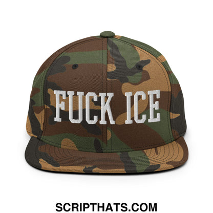 Camouflage pattern snapback cap with white embroidered fuck ice text and flat bill brim for casual wear
