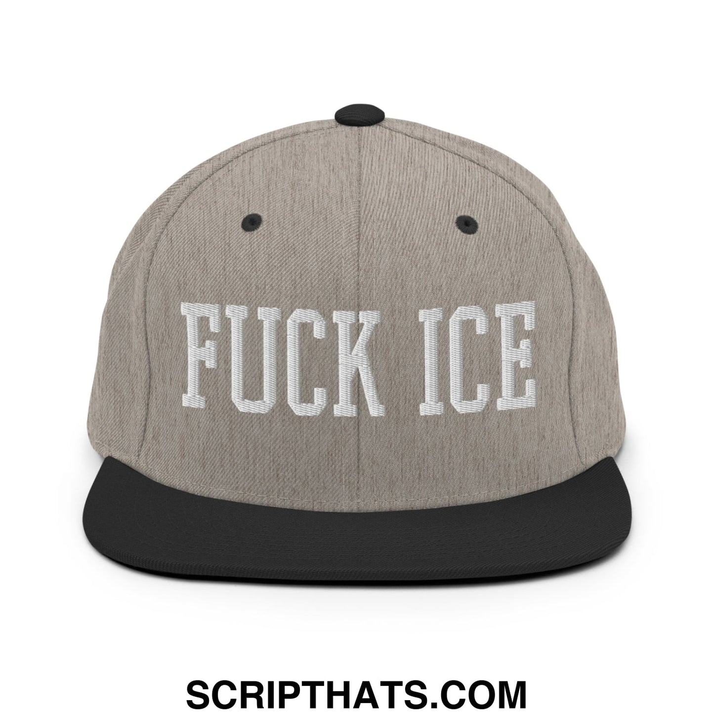 Gray and black snapback hat with white embroidered fuck ice text and flat bill brim for casual wear
