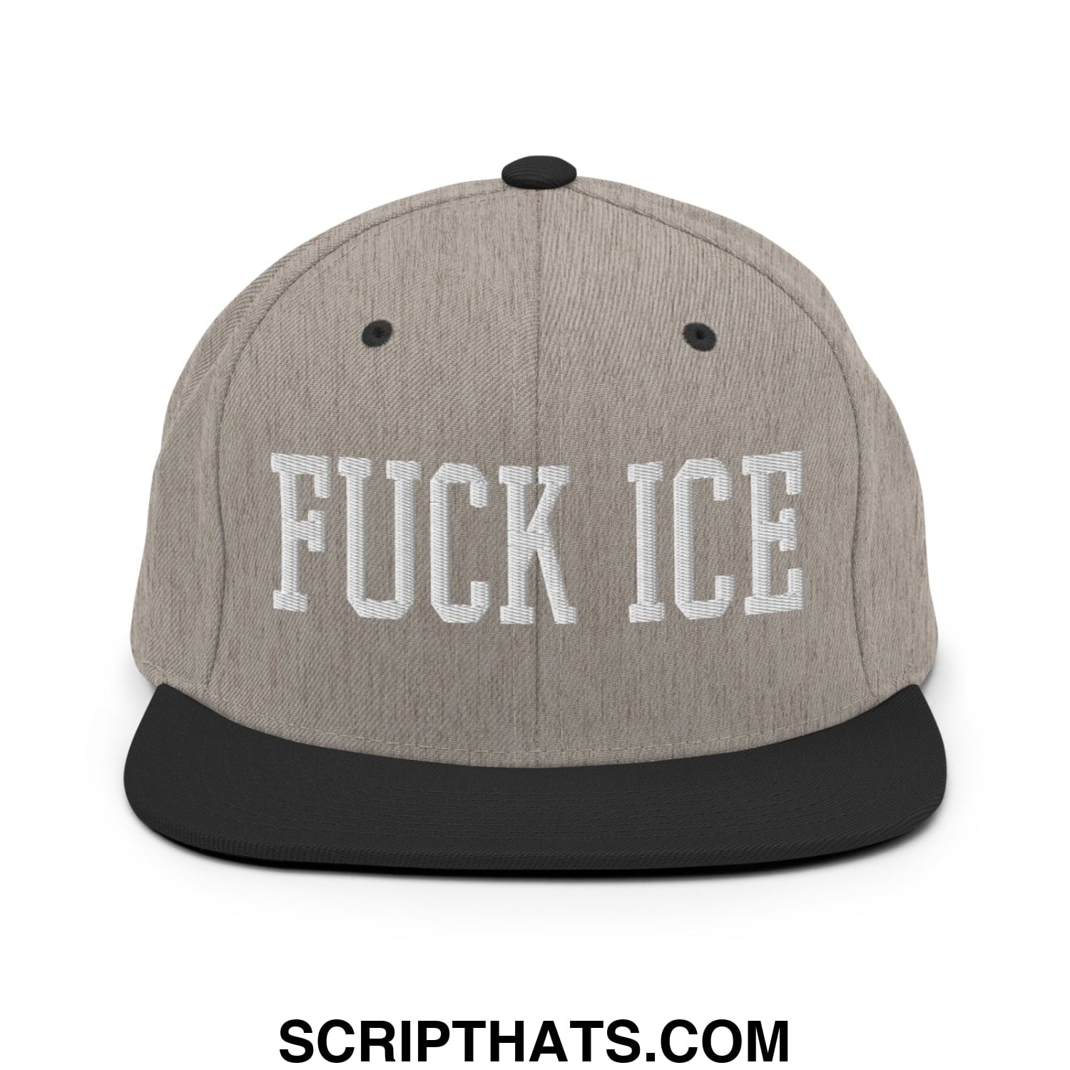 Gray and black snapback hat with white embroidered fuck ice text and flat bill brim for casual wear