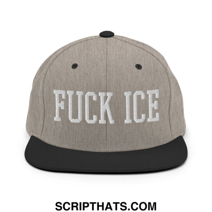 Gray and black snapback hat with white embroidered fuck ice text and flat bill brim for casual wear
