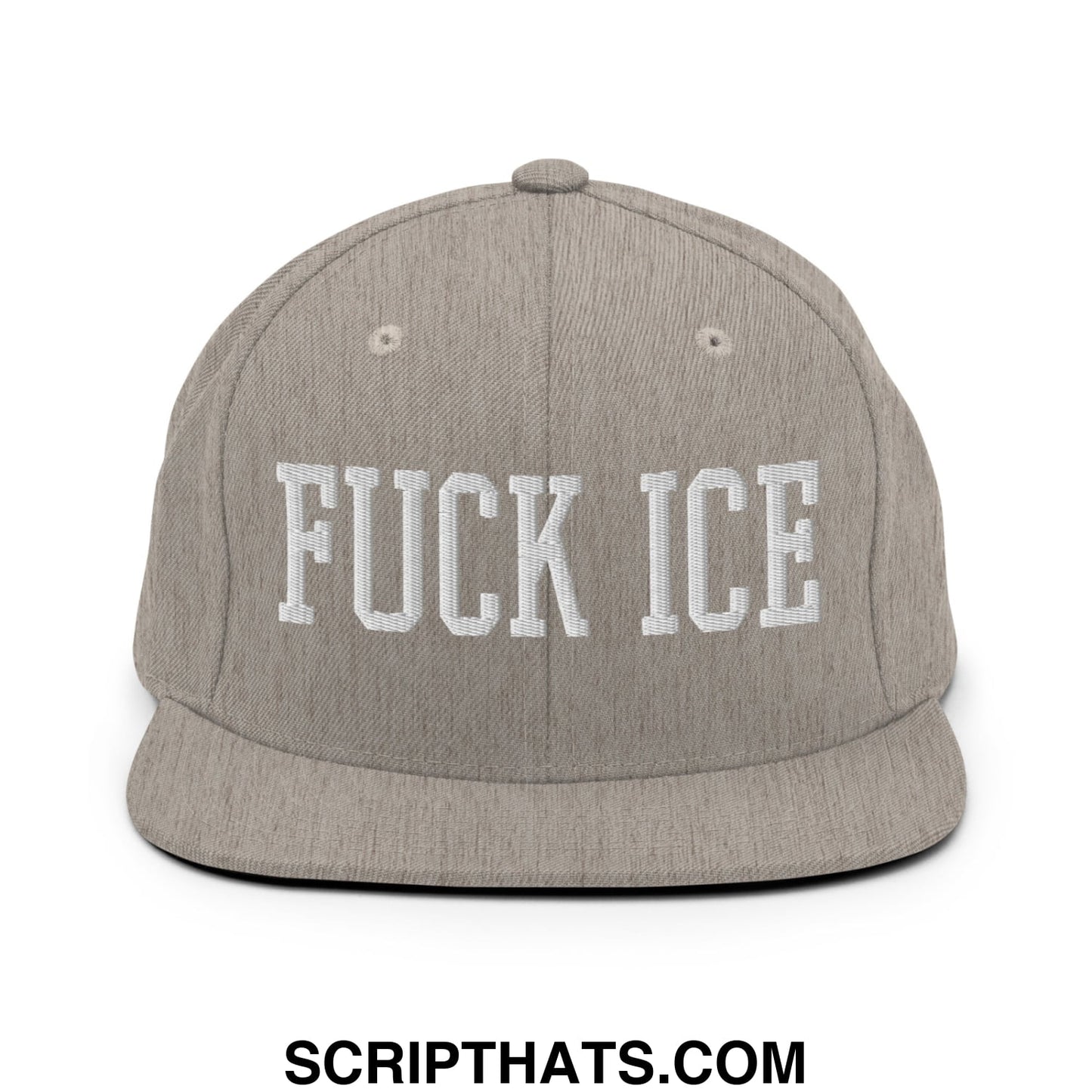 Gray snapback hat with white embroidered fuck ice text featuring a flat bill brim in a casual streetwear style