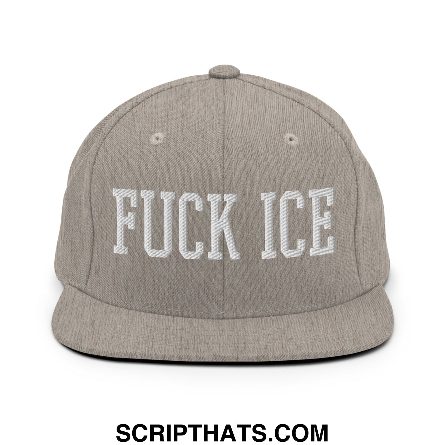 Gray snapback hat with white embroidered fuck ice text featuring a flat bill brim in a casual streetwear style