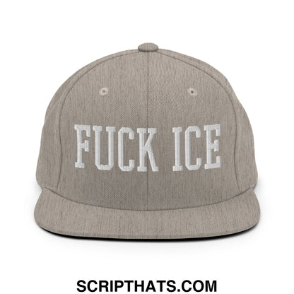 Gray snapback hat with white embroidered fuck ice text featuring a flat bill brim in a casual streetwear style