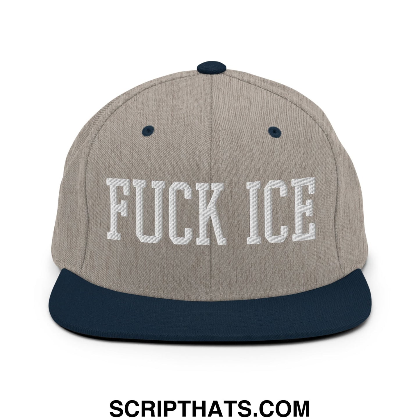 Gray and navy blue snapback hat with white embroidered fuck ice text and flat bill brim design