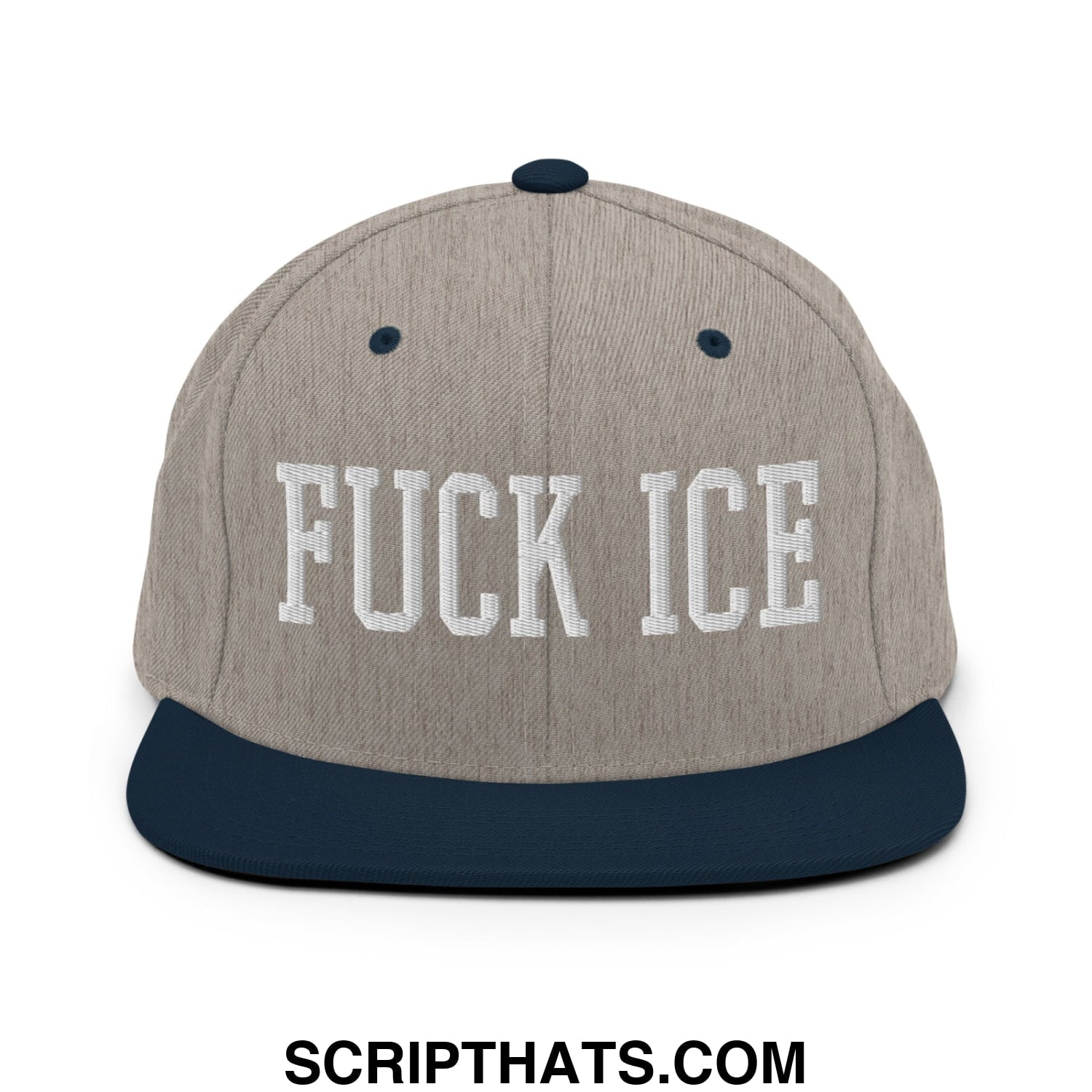 Gray and navy blue snapback hat with white embroidered fuck ice text and flat bill brim design