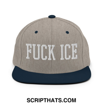 Gray and navy blue snapback hat with white embroidered fuck ice text and flat bill brim design
