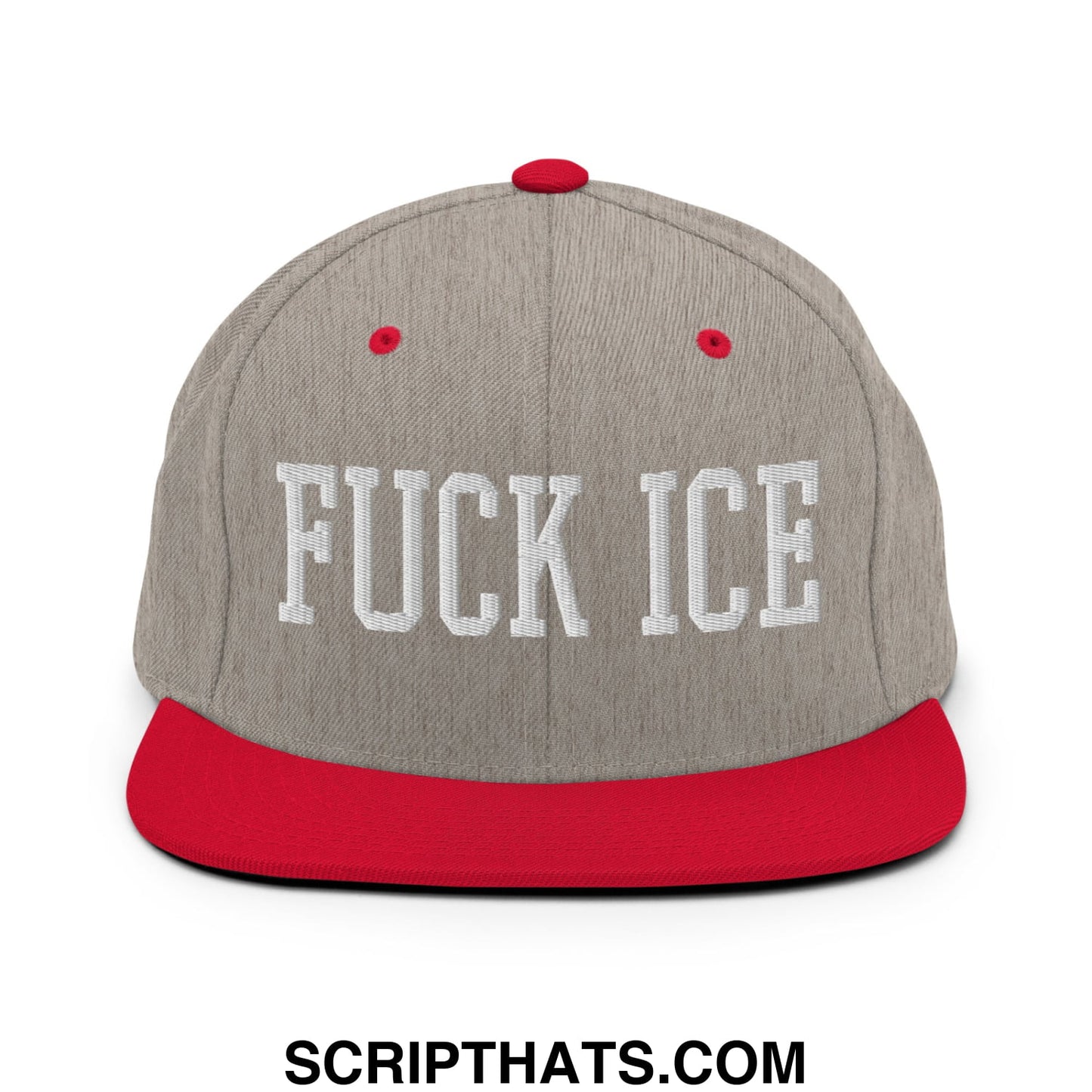 Gray and red snapback hat with white embroidered fuck ice text on flat bill brim