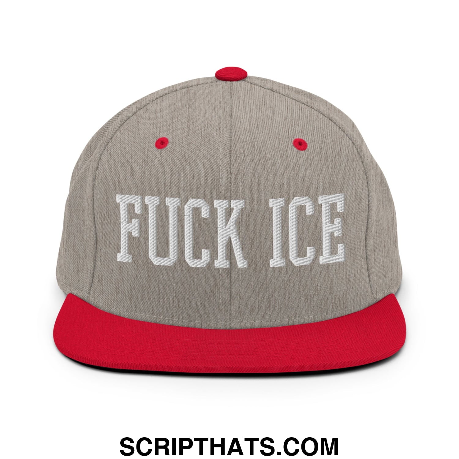 Gray and red snapback hat with white embroidered fuck ice text on flat bill brim