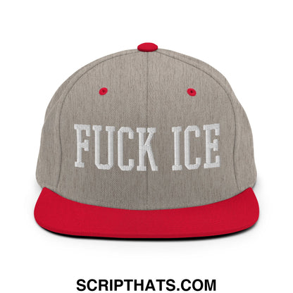Gray and red snapback hat with white embroidered fuck ice text on flat bill brim