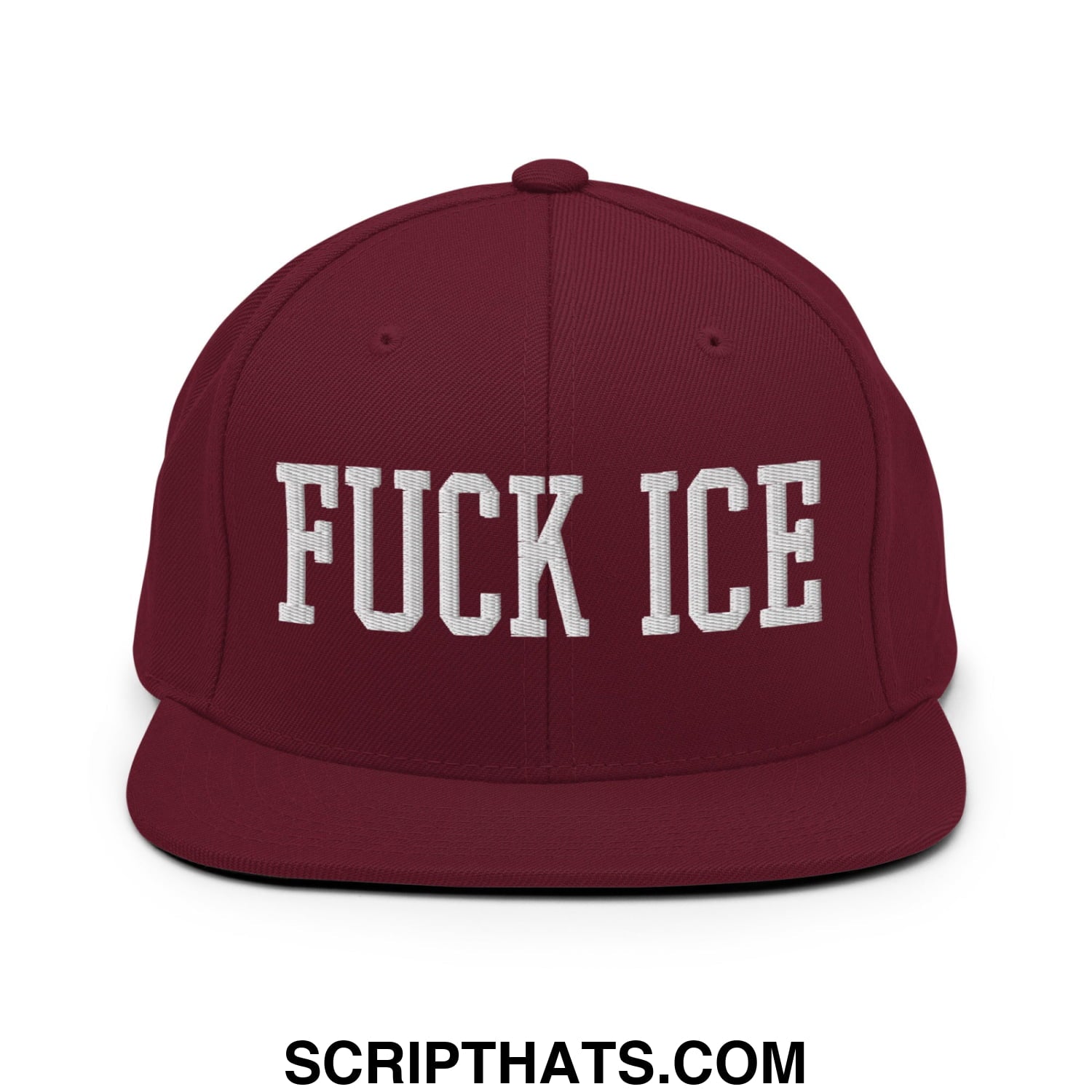 Maroon flat bill brim snapback hat with white embroidered fuck ice text for bold streetwear style