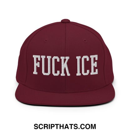 Maroon flat bill brim snapback hat with white embroidered fuck ice text for bold streetwear style