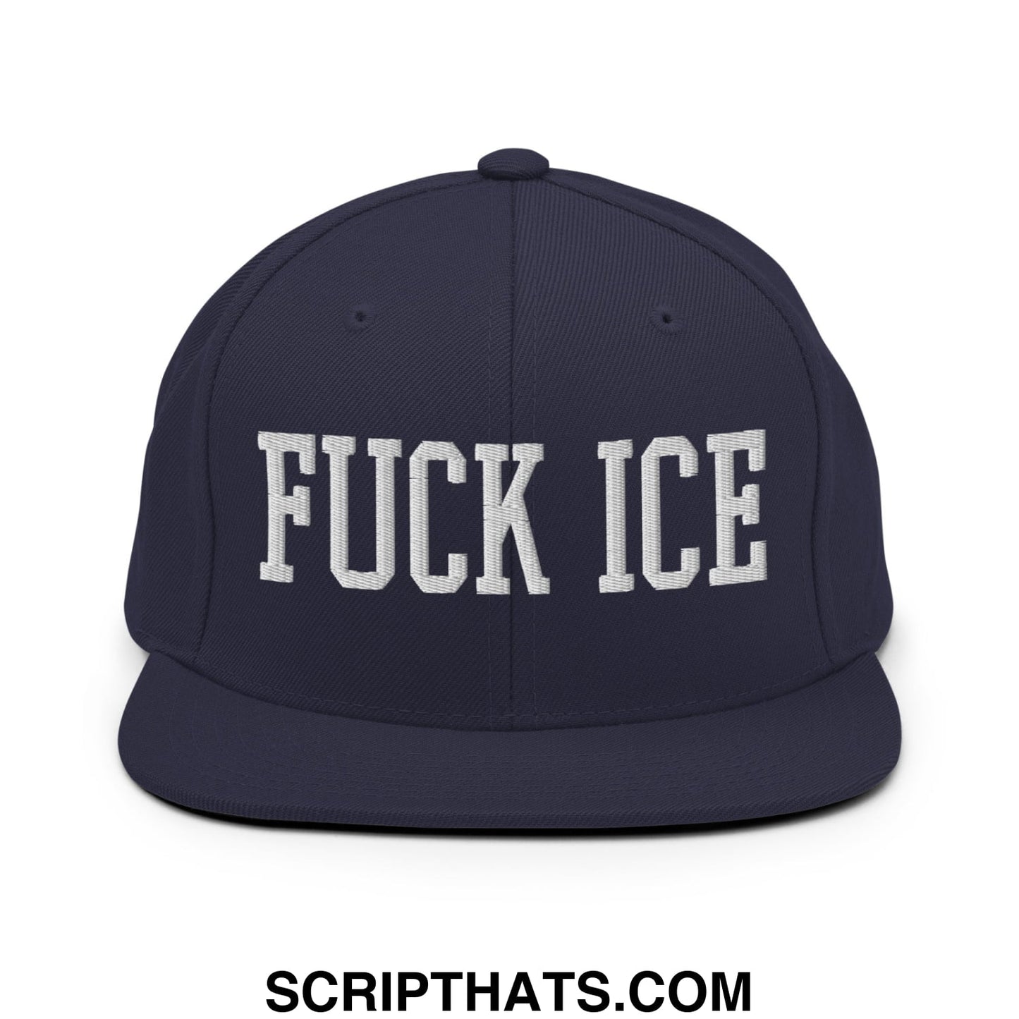 Navy blue snapback hat with a flat bill brim and white embroidered bold fuck ice text in blocky font