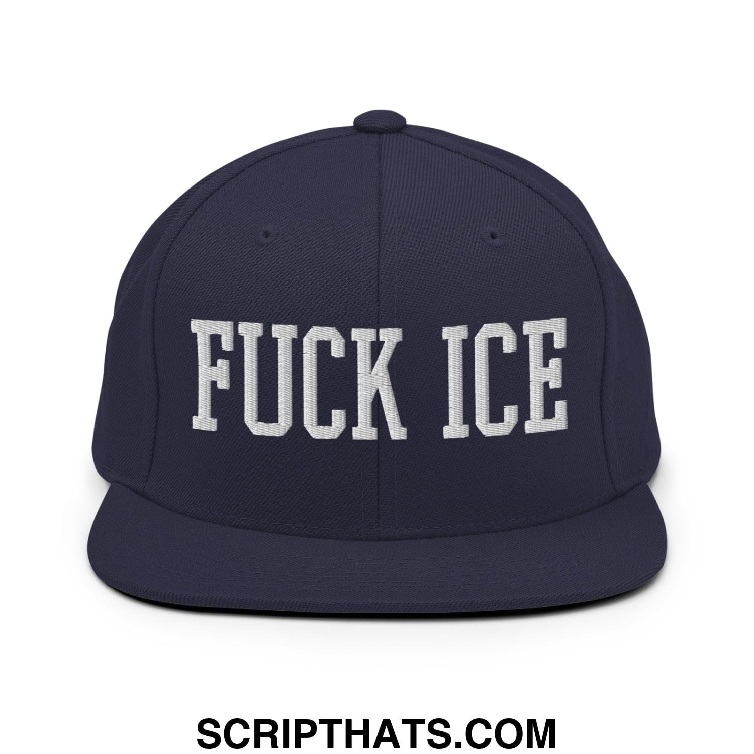 Navy blue snapback hat with a flat bill brim and white embroidered bold fuck ice text in blocky font