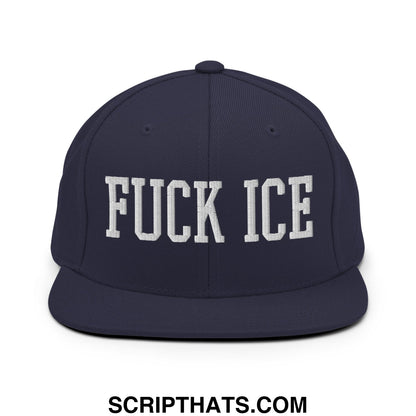 Navy blue snapback hat with a flat bill brim and white embroidered bold fuck ice text in blocky font