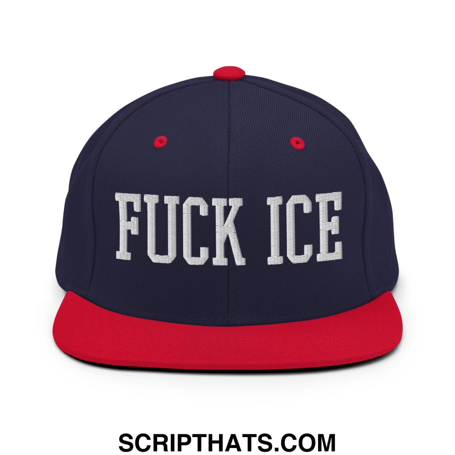 Navy blue and red snapback hat with white embroidered fuck ice text and flat bill brim for casual wear