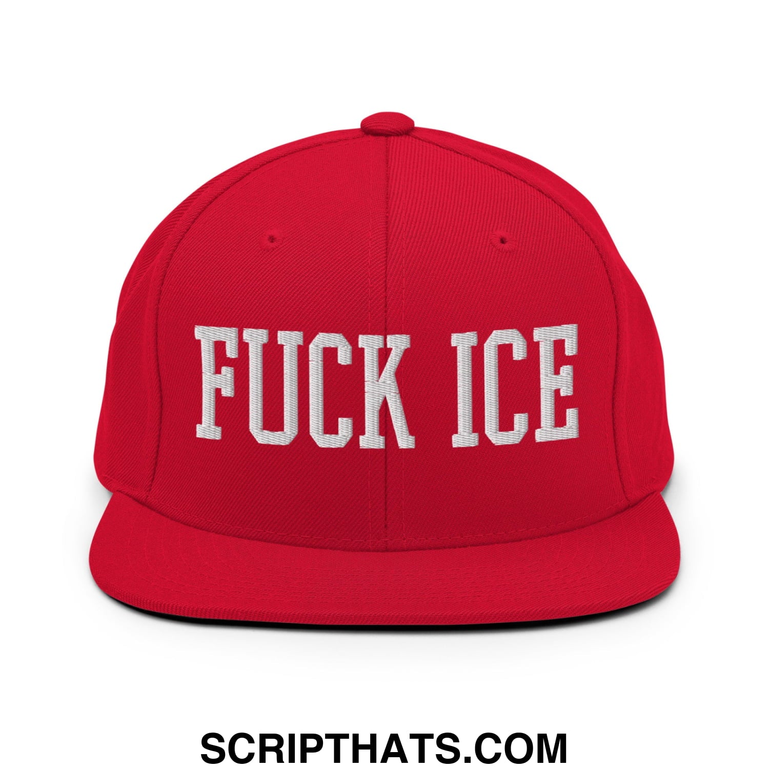 Red snapback hat with white embroidered fuck ice text and flat bill brim for casual streetwear use