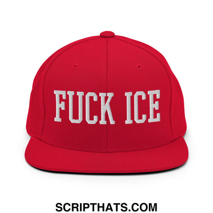 Red snapback hat with white embroidered fuck ice text and flat bill brim for casual streetwear use