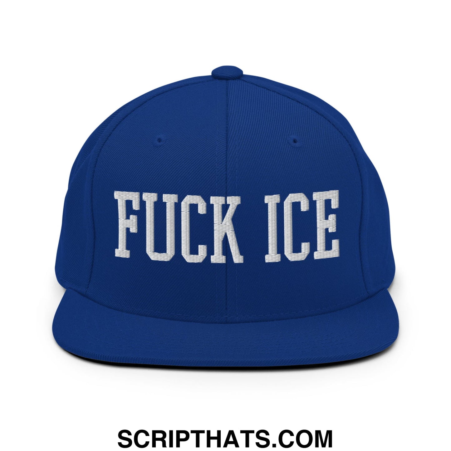 Royal blue snapback hat with white embroidered fuck ice text and flat bill brim in cotton material