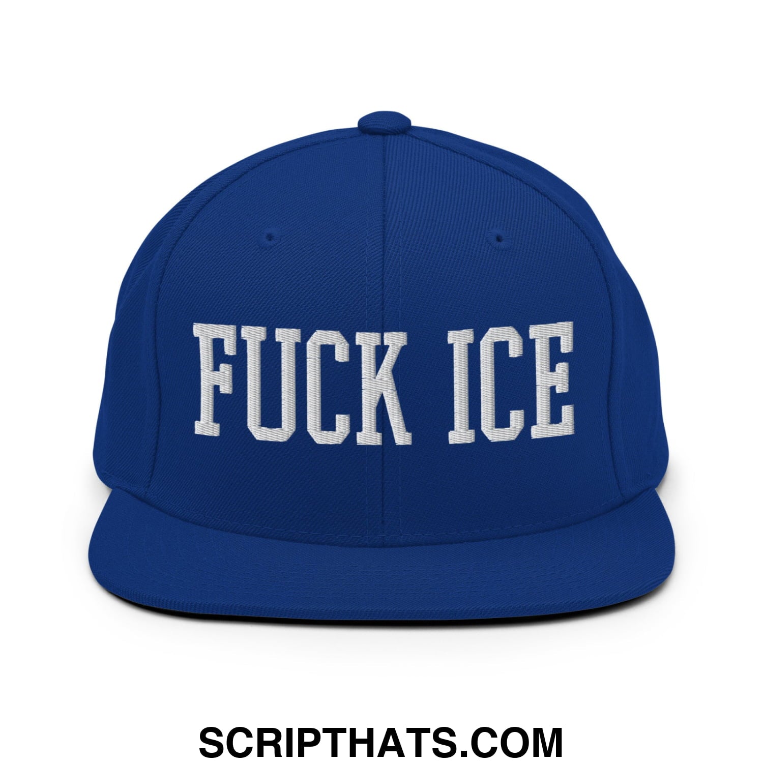Royal blue snapback hat with white embroidered fuck ice text and flat bill brim in cotton material