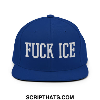 Royal blue snapback hat with white embroidered fuck ice text and flat bill brim in cotton material