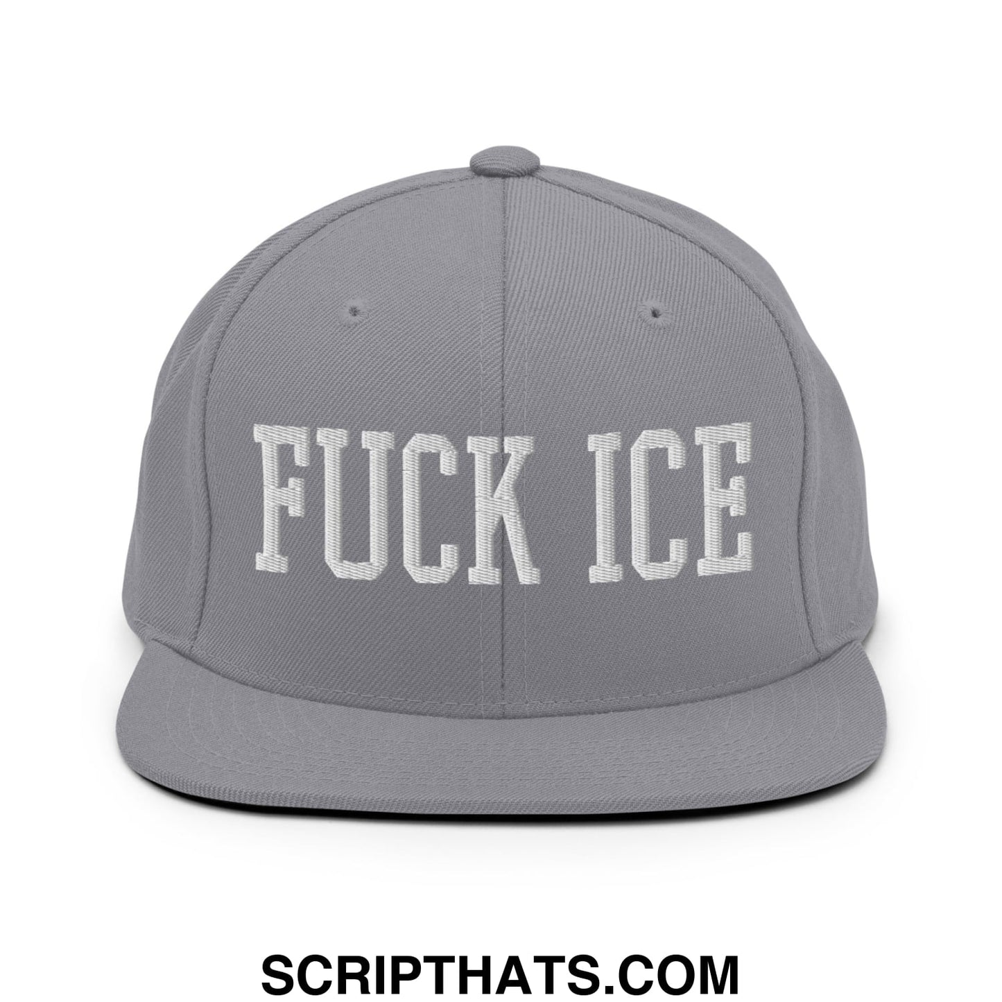 Gray snapback hat with white embroidered fuck ice text and flat bill brim in a casual streetwear style