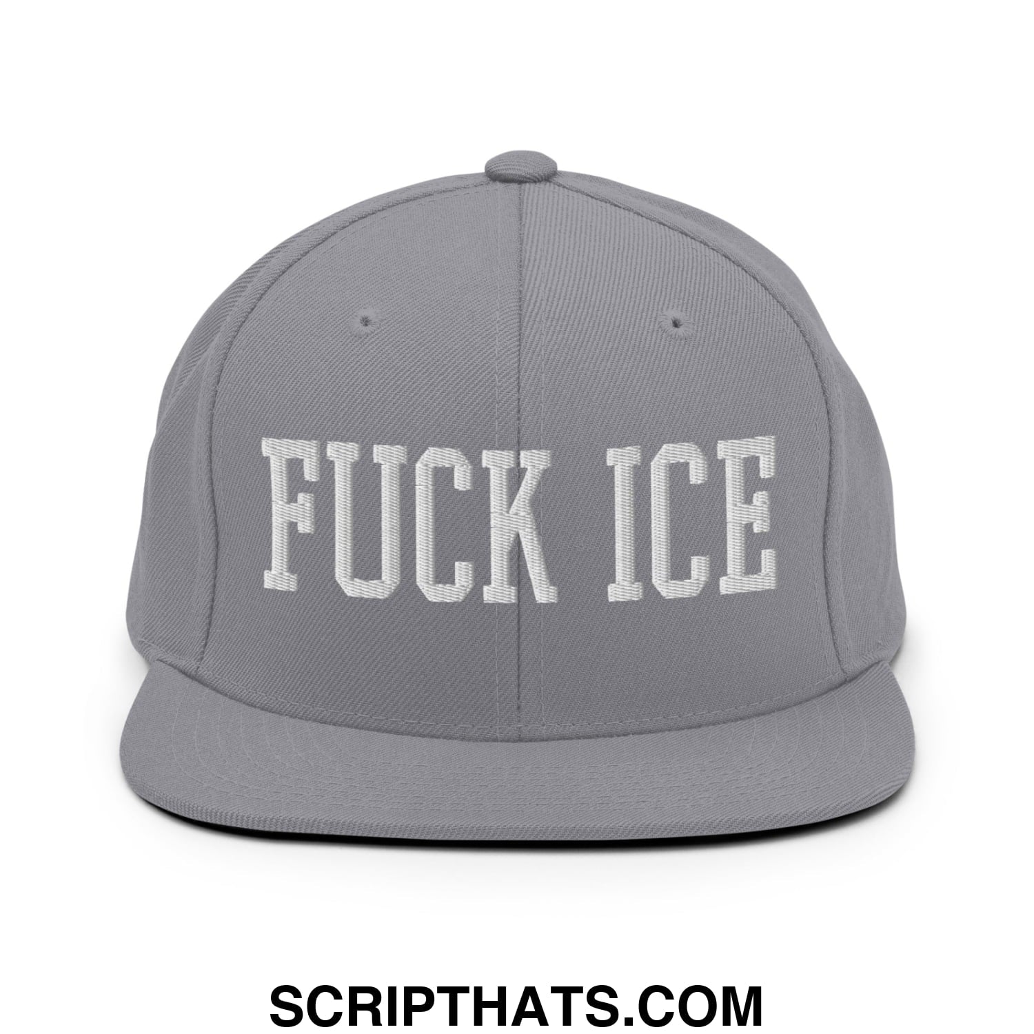 Gray snapback hat with white embroidered fuck ice text and flat bill brim in a casual streetwear style