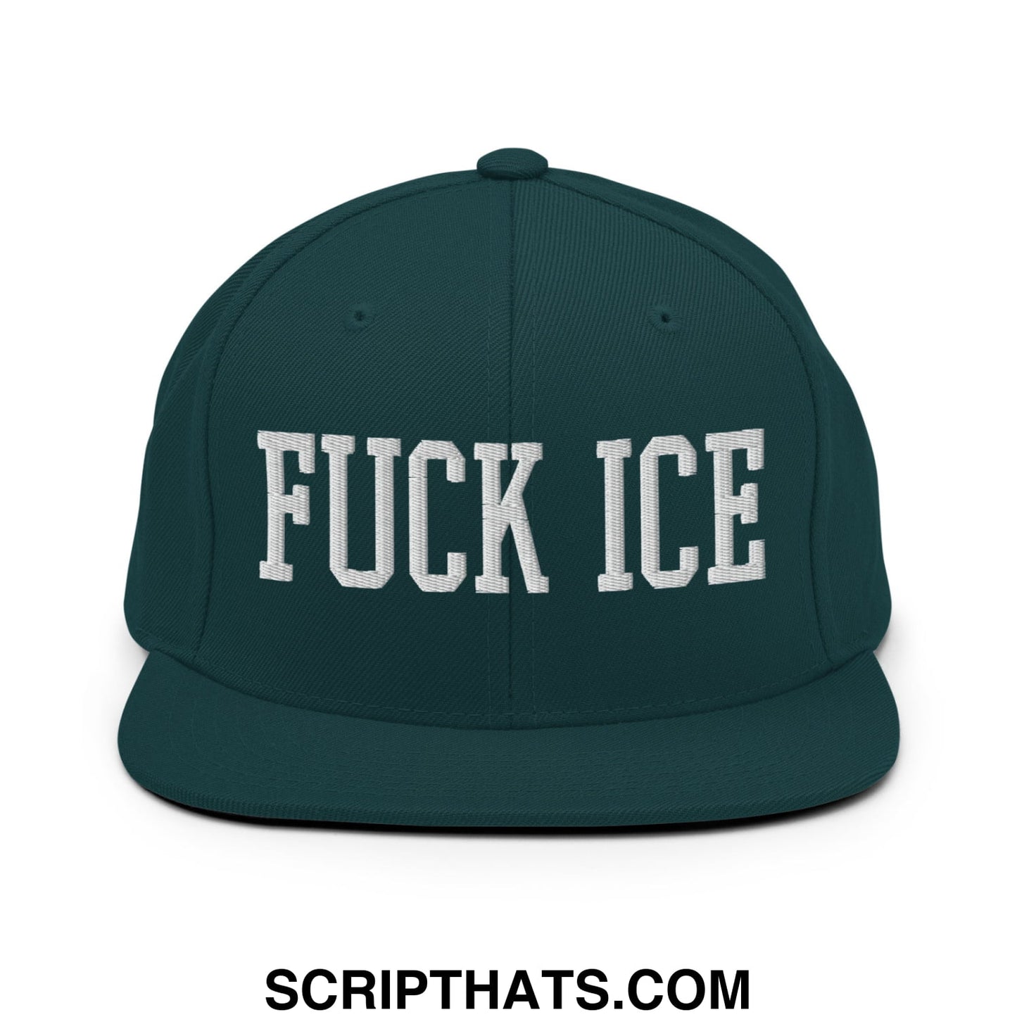Dark green snapback hat with white embroidered bold collegiate style fuck ice text and flat bill brim