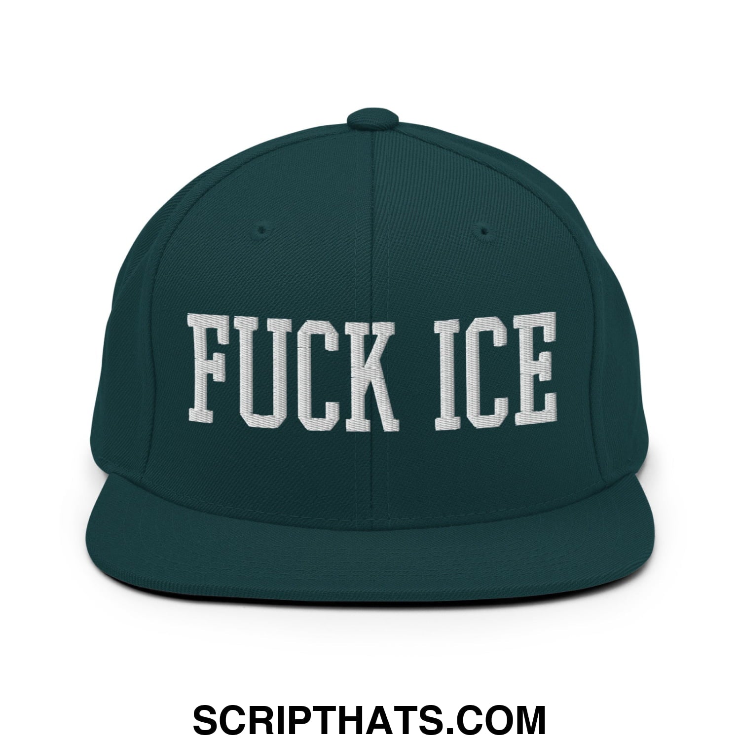 Dark green snapback hat with white embroidered bold collegiate style fuck ice text and flat bill brim